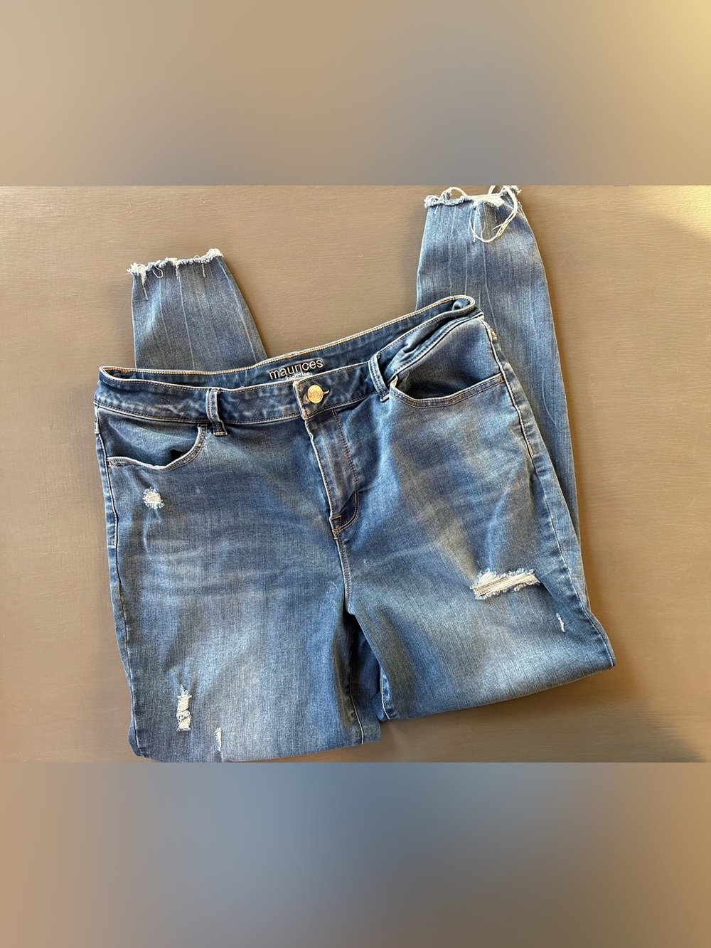 Maurices Women's Medium Blue Skinny Jeans with Distressed Hem